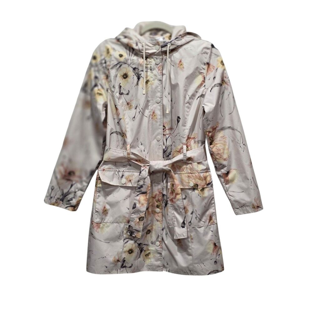 Kensie Floral Raincoat S Hooded Belted Trench Water Resistant Pink Ivory